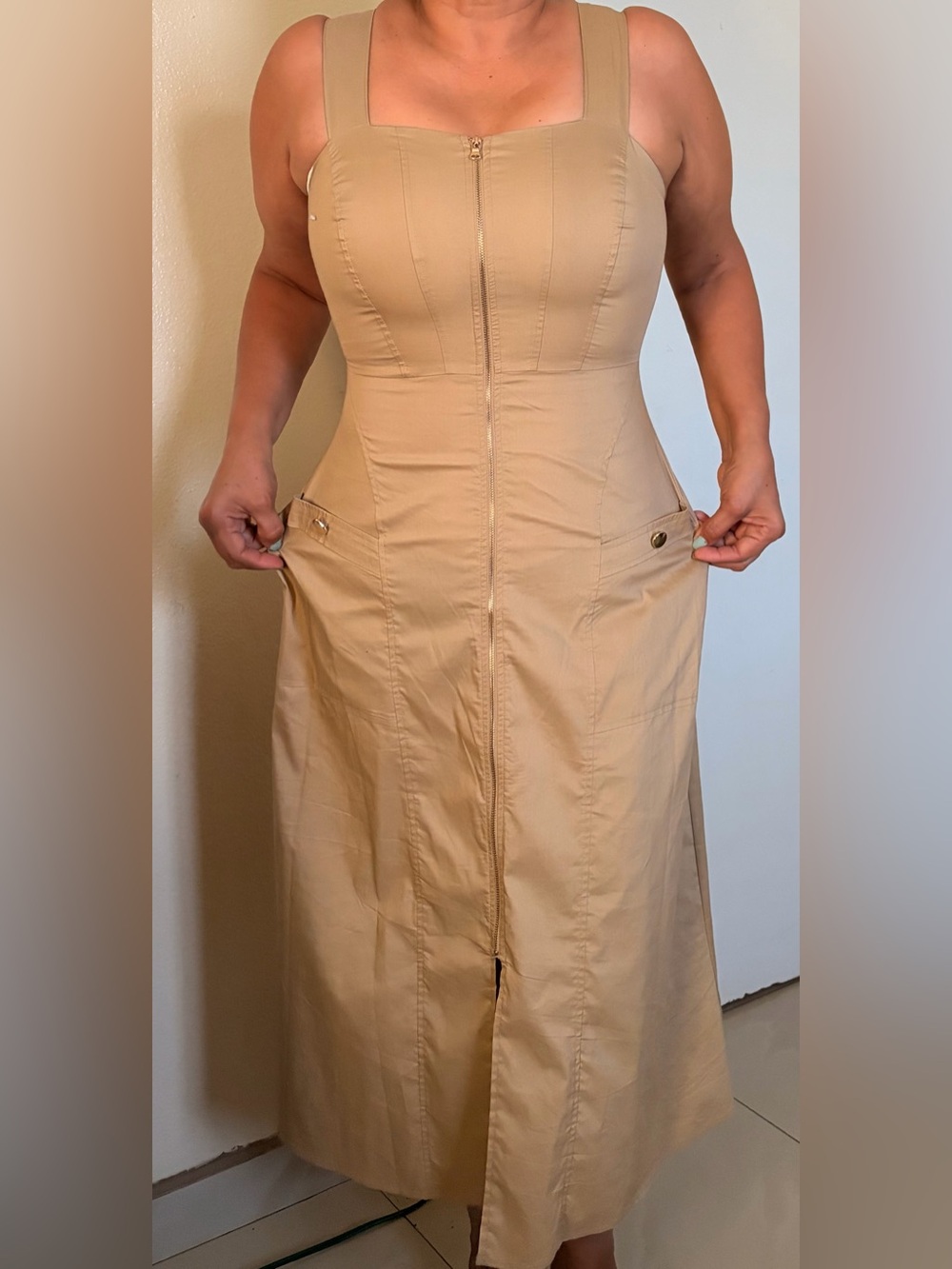 Beige Zip-Front Maxi Dress - Picture 1 of 3